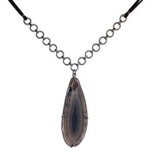 Rustic Geode Slice Black Leather Cord Gun Metal Chain Teardrop Pendant Necklace